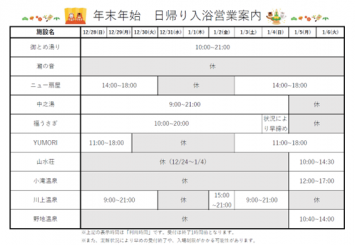 年末年始日帰り入浴営業案内